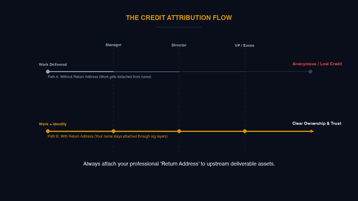 Credit attribution flow: without a return address, work becomes anonymous as it travels through org layers. With a return address, your name stays attached.