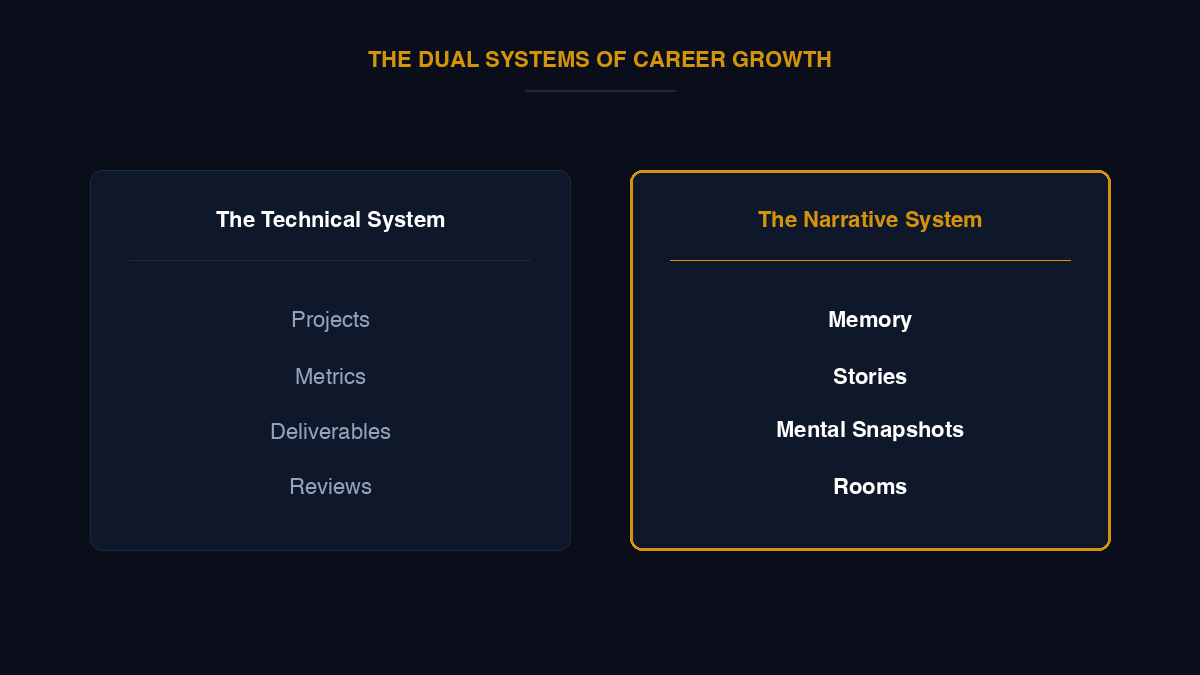 The dual systems of career growth: The Technical System (Projects, Metrics, Deliverables, Reviews) vs. The Narrative System (Memory, Stories, Mental Snapshots, Rooms)